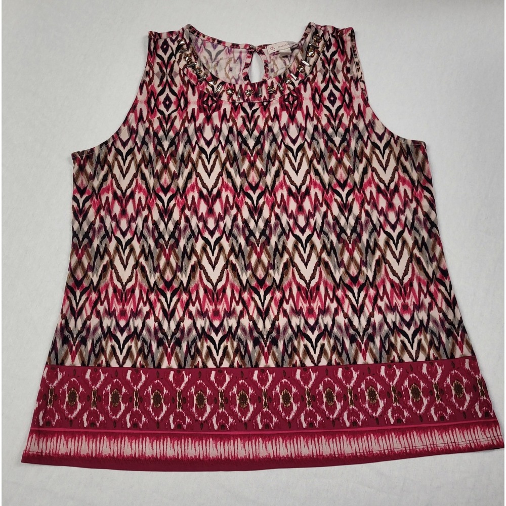 Dressbarn Womens L Tank Top Sleeveless Ikat Chevron Embellished Neck Burgundy